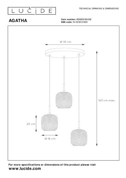 Lucide AGATHA - Hanglamp - Ø 35 cm - 3xE27 - Mat Goud / Messing - technisch